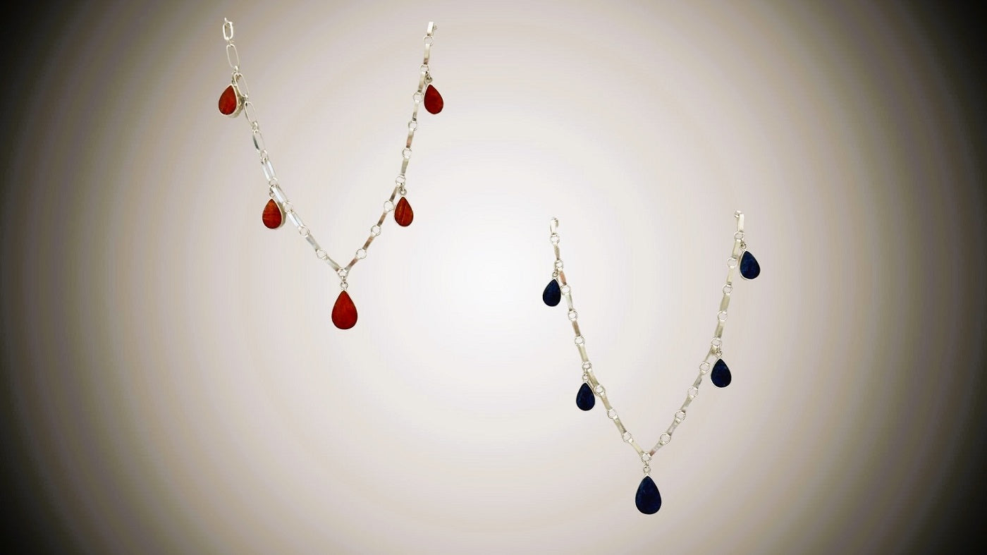 5-Stone Reversible Teardrop Necklace (Spiny Oyster / Sodalite)